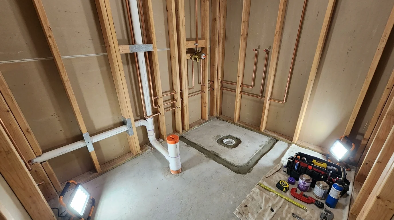 Bathroom rough-in plumbing during remodel by Johns Plumbing LLC in Brownsburg