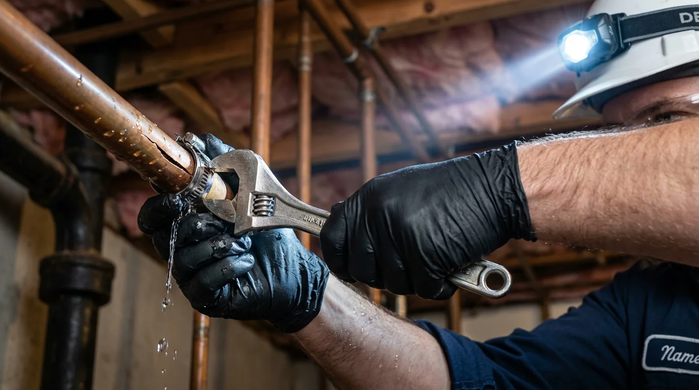 Emergency pipe clamp repair being performed by a Johns Plumbing LLC plumber in Brownsburg