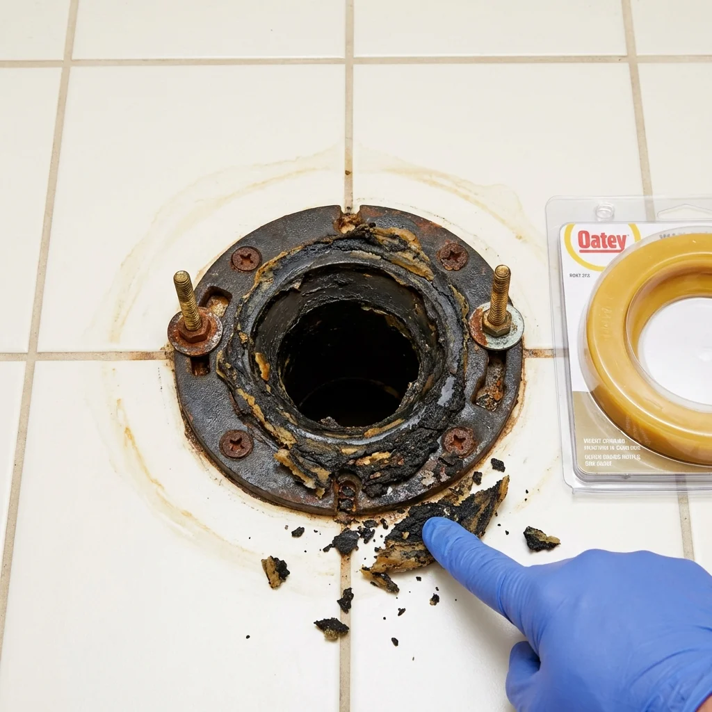 Failed wax ring showing water seepage at the base of a toilet in a Brownsburg, IN home